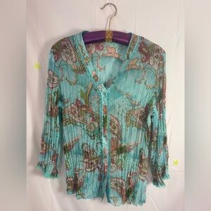 VTG Y2K Semi-sheer Turquoise Paisley Lettuce Hem Lace Sleeve Button Up Blouse L